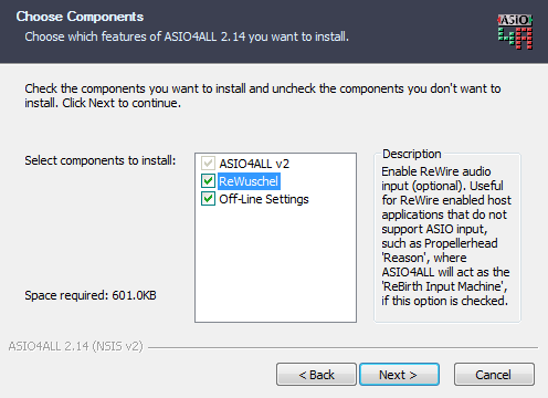 ASIO4ALL v2, Select components and features to install