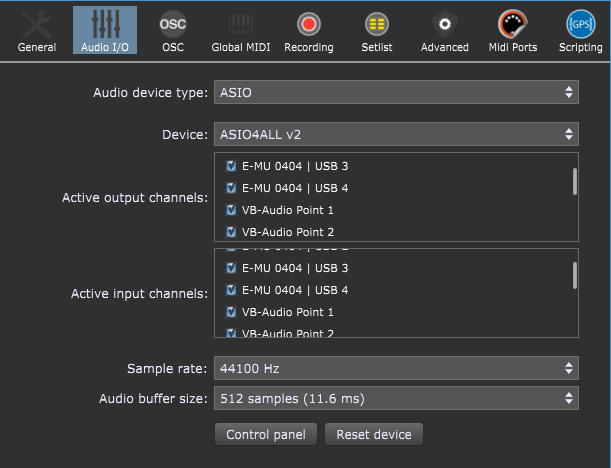 Gig Performer audio plugin host, Audio I/O settings, ASIO4ALL, record inputs feature