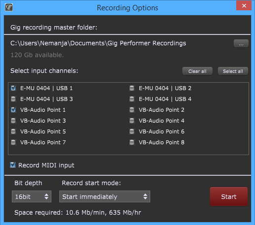 Gig Performer Recording Options, Record button, Select input channels to start recording