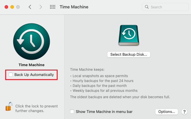Turn off Time Machine on macOS Monterey