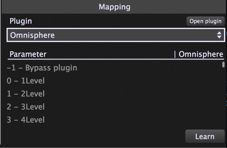Select the Omnisphere plugin Omnisphere plugin, Gig Performer, Learn Parameter