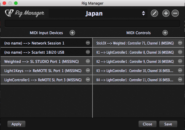 MIDI input devices and MIDI controls in Rig Manager, Gig Performer