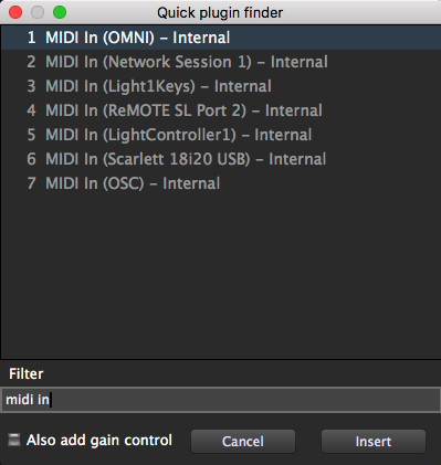 Gig Performer Quick Plugin Finder, MIDI in