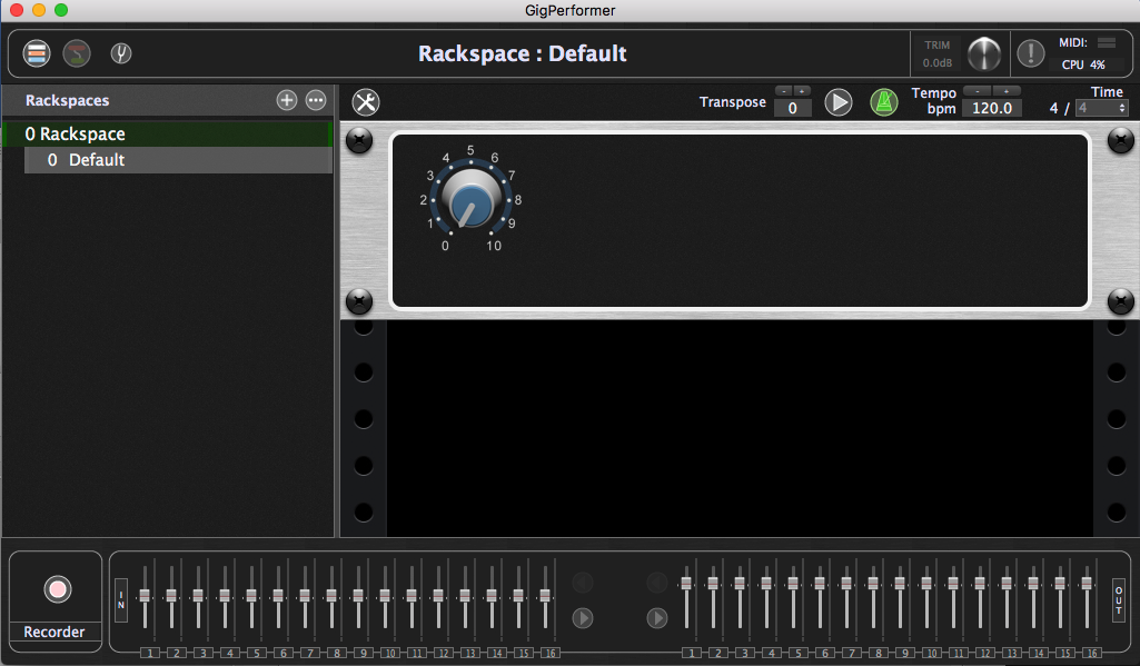 Gig Performer, the recorder button (bottom left), Audio and MIDI recorder