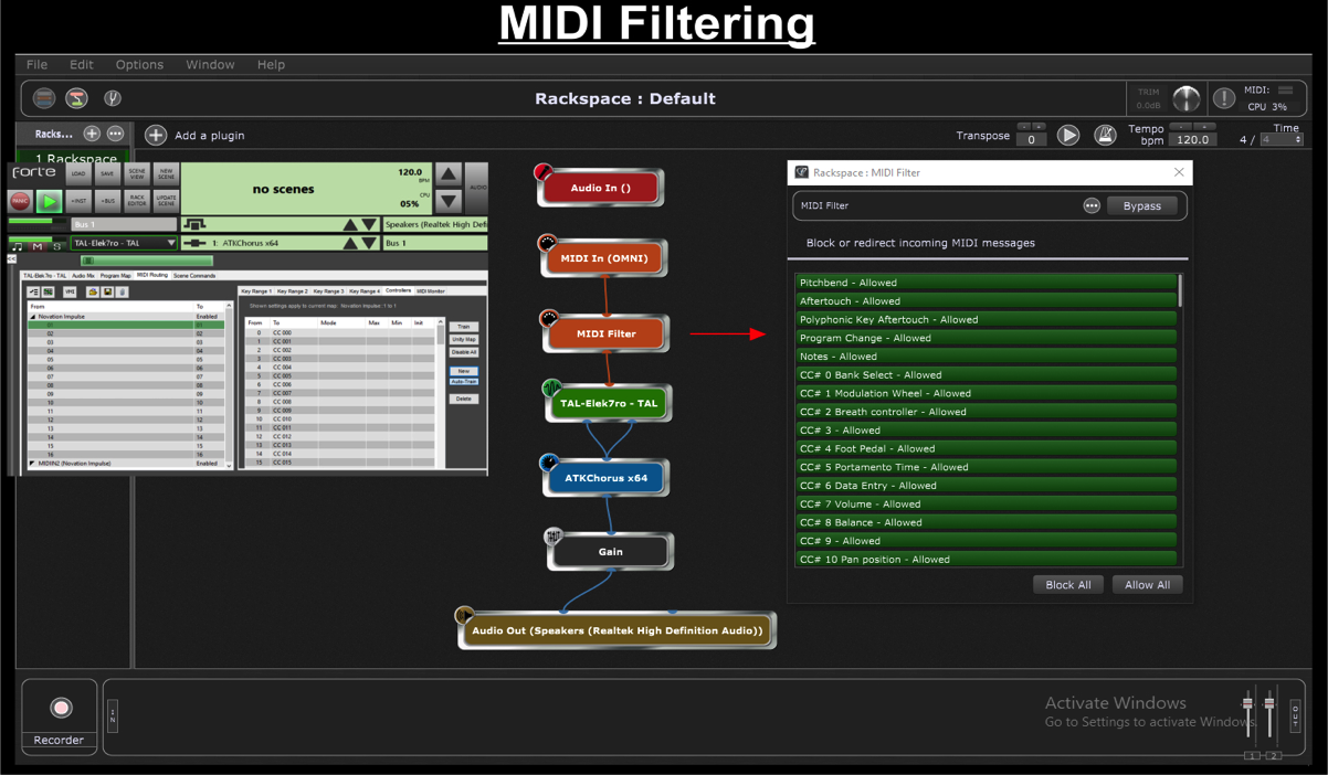 MIDI Filtering Gig Performer, MIDI Filtering, Brainspawn Forte