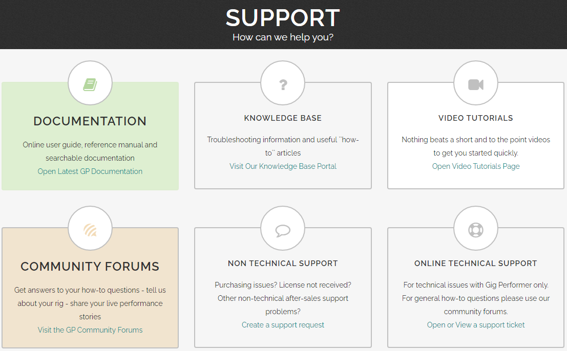 Sections in Gig Performer support portal