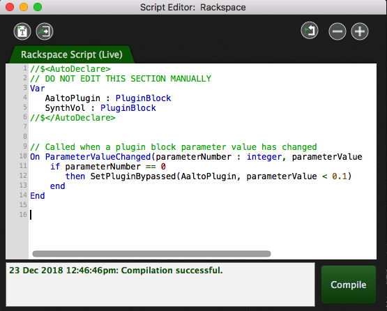 GPScript code in GPScript editor, compile code, Gig Performer