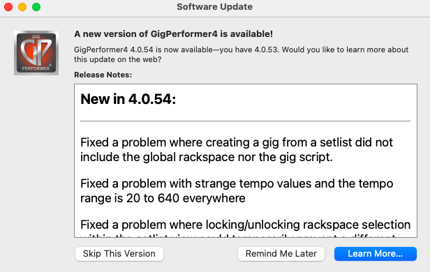 Gig Performer, Update Available, macOS