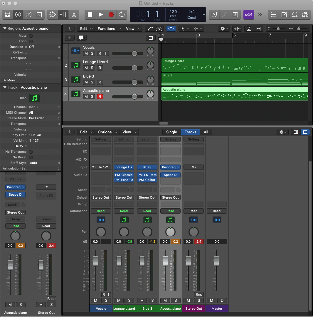 Screenshot of Logic Pro, 1 audio track for vocals, 3 MIDI tracks, with plugins and effects