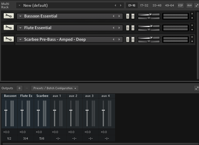 Kontakt 5 plugin, 3 virtual instruments loaded (Bassoon, Flute and Bass)