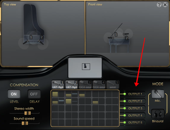 Pianoteq plugin, virtually position up to five microphones at different locations of the piano, mix the audio from each microphone and send to up to 5 output channels (2 stereo + 3 aux channels)
