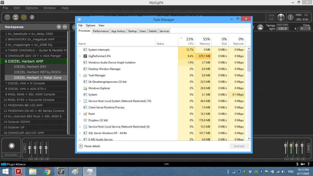 Gig Performer Resources in Task Manager, used RAM and CPU