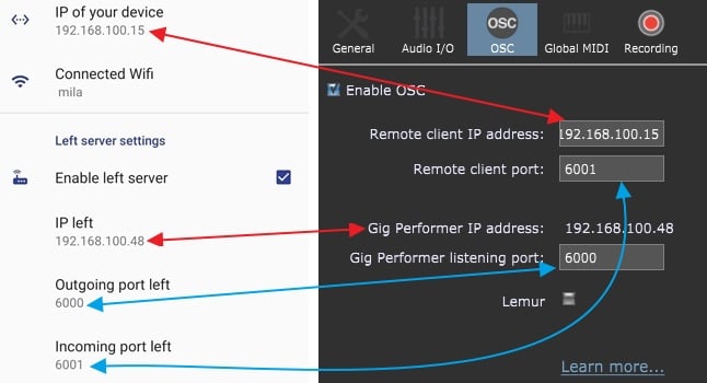 OSCAR and Gig Performer side-by-side OSC parameters