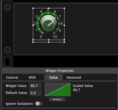Note a green triangle in widget properties, the widget scaling curves, Gig Performer 4
