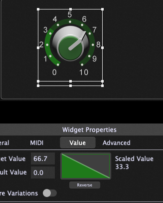 The reverse operation on the knob, widget scaling curves, Gig Performer 4