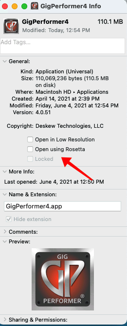GigPerformer4 info window on Mac; Click on Open using Rosetta.