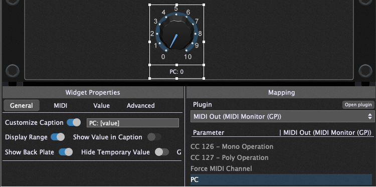 PC (Program Change) parameter in the MIDI Out plugin in Gig Performer