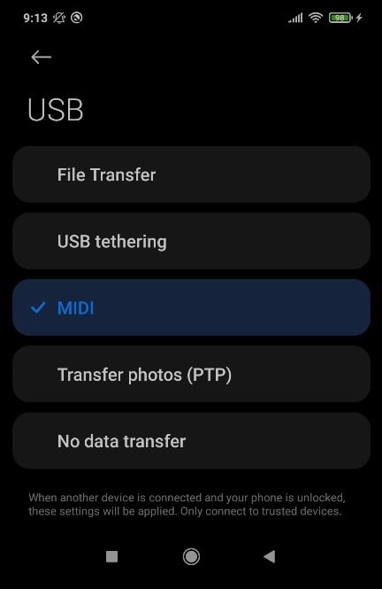 Enabling MIDI on the Android smartphone via USB