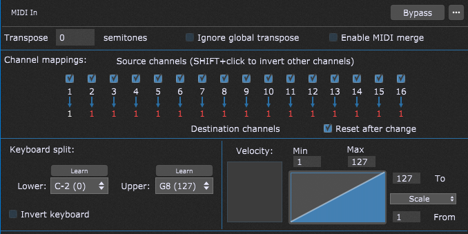 All source channels are mapped to channel 1 in Gig Performer