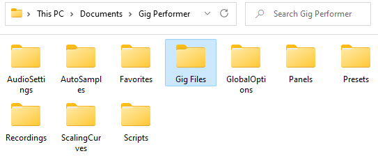 Gig Files folder in Gig Performer content folder on Windows
